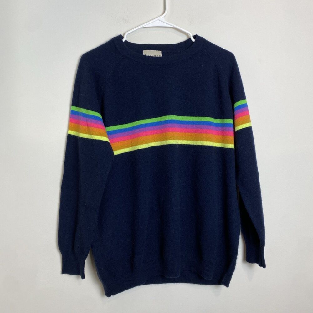 Jumper 1234 Cashmere Navy Crewneck Rainbow Stripe Size 2 (Small)